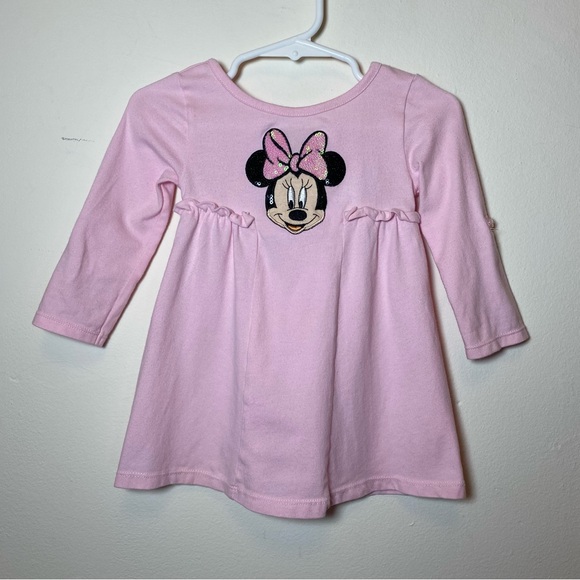 Disney | Minnie Mouse Sequin Embellished Roll Tab Sleeve Dress Light Pink 9-12m - Picture 1 of 9